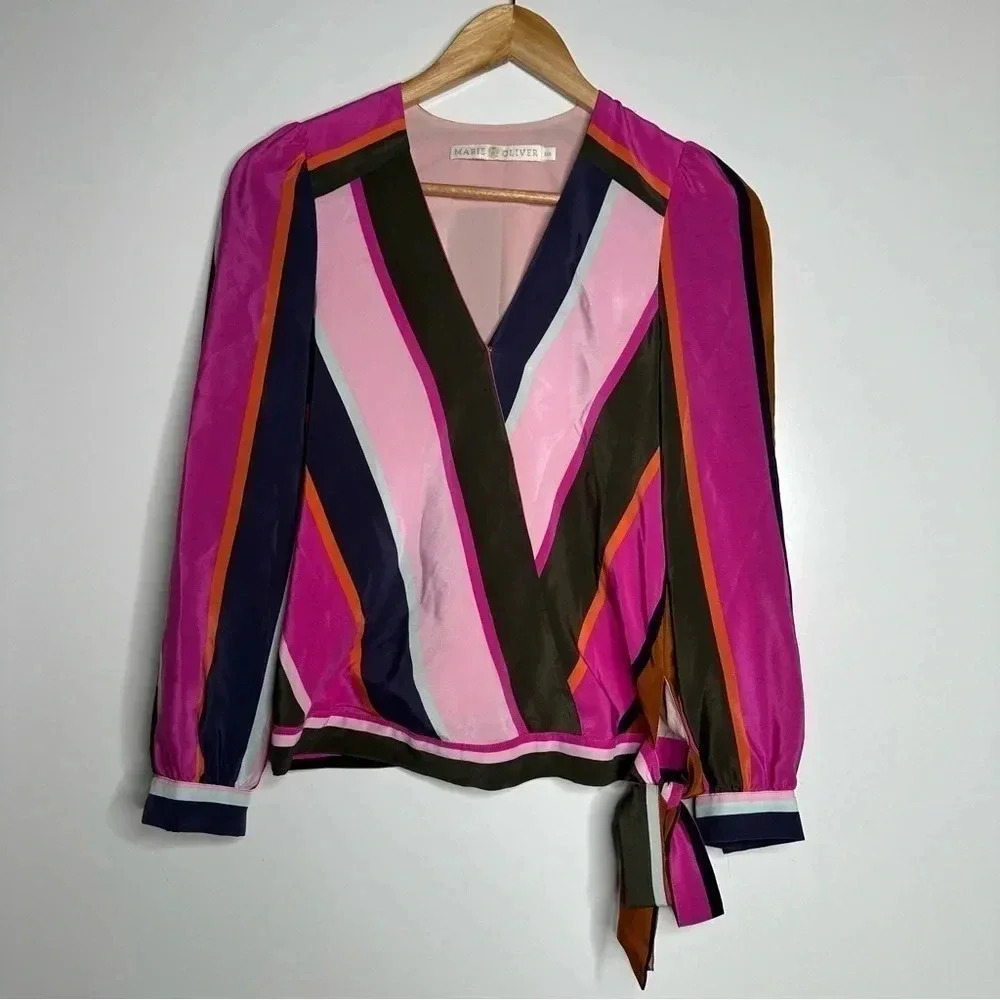 Marie Oliver Stripe Ripley Silk Wrap Blouse Size XXS - Picture 2 of 9